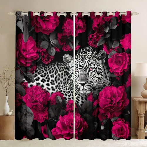 Vista 18 de Erosebridal Cortinas de Rosas Rojas 3D Tratamientos para Ventanas de Guepardo, Paneles de Cortinas con Estampado de Gato Leopardo para Sala