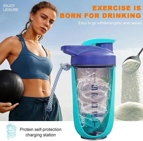 Vista 5 de Botella agitadora de proteínas de 20 onzas, botellas deportivas para mezclas de proteínas con batidora, botella mezcladora, taza agitadora portátil