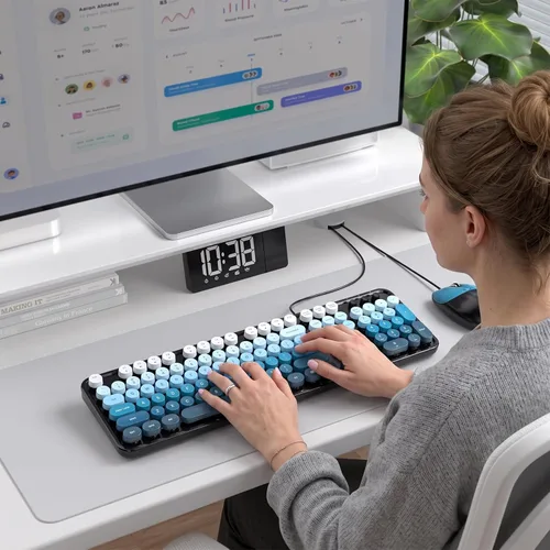 Vista 7 de MOFII Combo de teclado y mouse con máquina de escribir retro con cable, USB de tamaño completo Plug & Play para PC con Windows - Negro Azul