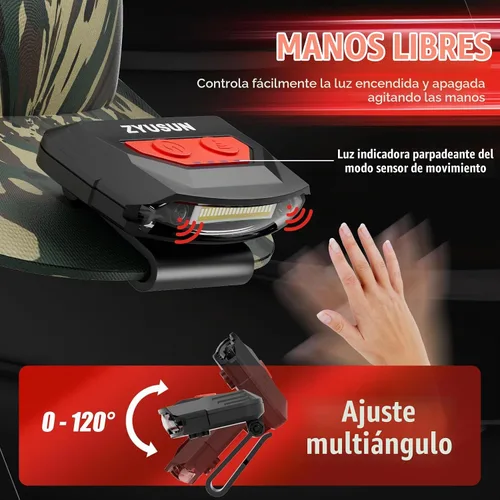 Vista 4 de Juego de 2 linternas recargables para gorra, lámparas portátiles, con clip para sombrero con sensor de movimiento, ligeras, resistentes al agua