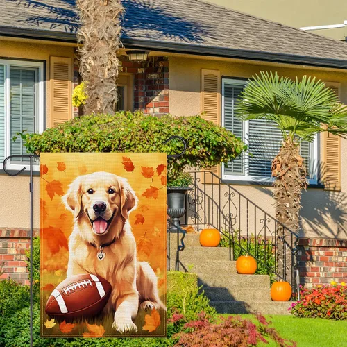 Vista 3 de Balgardekor Bandera de jardín de otoño de fútbol Golden Retriever para exteriores, bandera de arpillera de bienvenida para exteriores, decoración
