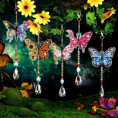 Vista 2 de Tradder Juego de 6 carillones de viento con diseño de diamantes de mariposa, decoración de árbol de verano, adornos de pintura de diamante 5D