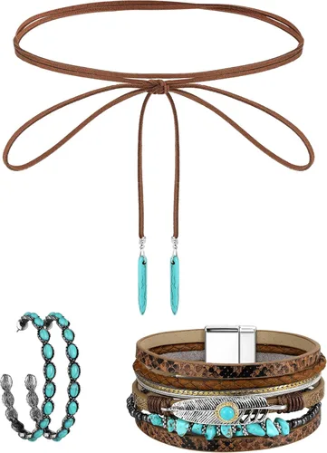 Vista 21 de 3 piezas de joyería boho occidental para mujer, conjunto de joyas de turquesa, aretes vintage, pulsera, collar bohemio occidental para mujer Negro