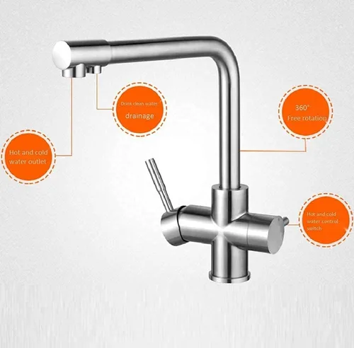 Vista 4 de Grifo de acero inoxidable de 360 ° para fregadero de cocina, latón sin plomo, 3 en 1, mezclador de agua potable, filtro de agua potable, grifo