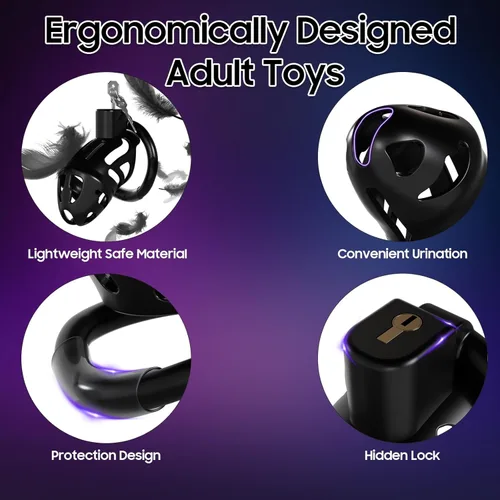 Vista 6 de Jaula de Castidad Masculina Juguetes Sexuales - Jaula Ligera para Pene Dispositivo de Castidad con Anillos de 3 Tamaños y Cerradura Invisible