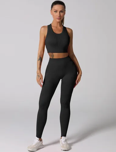 Vista 2 de Conjuntos de entrenamiento para mujer, 2 piezas, sin costuras, acanalada, sin mangas, brasier deportivo, cintura alta, pantalones cortos