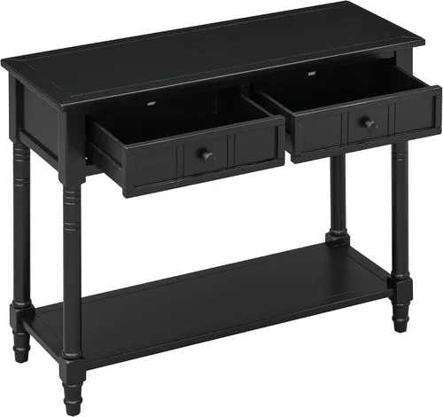 Vista 9 de P PURLOVE Mesa de consola Aparador Mesa de sofá de madera con 2 cajones y estante inferior (negro)