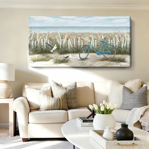 Vista 28 de Arte de pared para decoración de baño, imagen de playa azul, tema oceánico, impresión en lienzo de flores, pintura moderna de paisaje marino