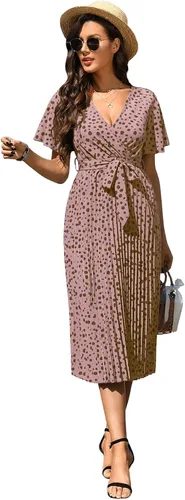 Vista 4 de Floerns Vestido midi plisado de manga corta con cuello en V y cinturón para mujer