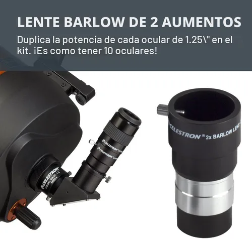 Vista 3 de Kit de accesorios Celestron con cinco oculares Plossl de 1.25", lente Barlow 2X y juego de filtros