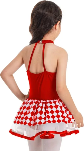 Vista 4 de JEATHA Vestido de leotardo de malla sin mangas con tutú para niñas, disfraz de payaso para Halloween, espectáculo de circo