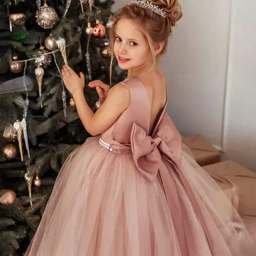 Vista 3 de Vestido de niña de flores para boda, espalda abierta, sin mangas, de tul de princesa, vestido de baile con nudo de lazo