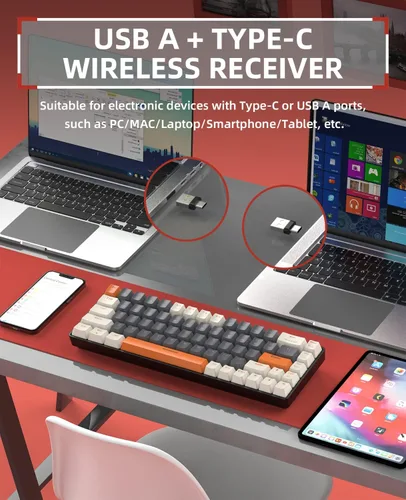 Vista 4 de ZIYOU LANG RK68 Teclado mecánico inalámbrico 60%, receptor de modo dual Bluetooth 5.02.4Ghz, mini 68 teclas intercambiables en caliente, teclas