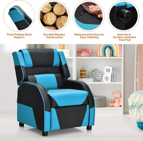 Vista 9 de Giantex Silla reclinable para niños, silla reclinable para juegos con reposapiés, reposacabezas y soporte lumbar, silla ergonómica de cuero para Azul