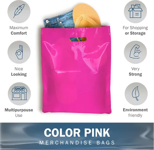 Vista 4 de PPB - Bolsas de plástico rosa para mercancía de 12 x 15 pulgadas, acabado brillante, tamaño mediano al por menor, paquete de 100 unidades, 1.5 mil