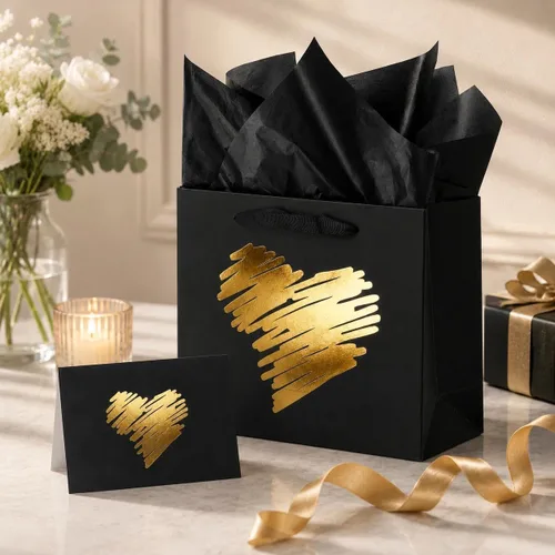 Vista 3 de ysmile Pequeña bolsa de regalo negra con papel de seda para hombres, fiesta de cumpleaños, aniversario, día del padre, 7.8 pulgadas, corazón dorado