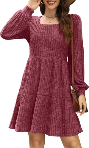 Vista 2 de SAMPEEL Vestido de otoño de manga larga con cuello cuadrado para mujer, vestido casual tipo babydoll