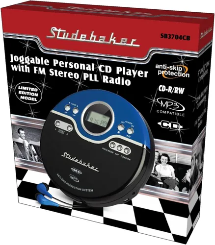 Vista 5 de Studebaker Reproductor de CD portátil azul retro Reproducción de CD-R/RW MP3 Reproductor de CD personal programable Antisaltos Radio FM