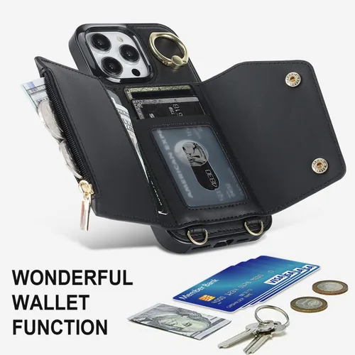 Vista 7 de LUVI Funda para iPhone 11 Pro Max con correa para el cuello, correa cruzada, correa de muñeca, funda protectora con ranura para tarjeta de crédito