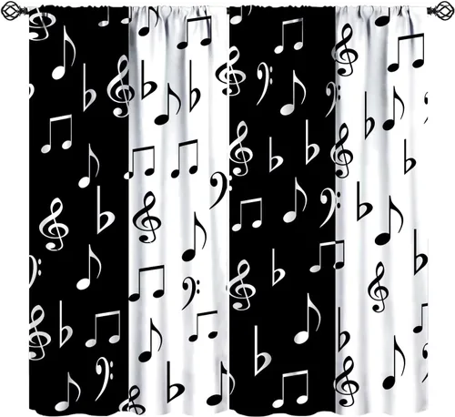 Vista 27 de Cortinas abstractas con notas musicales de piano, temática musical de piano, decoración de dormitorio de niños y niñas, arte rústico retro