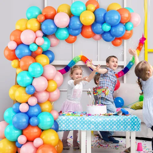 Vista 7 de Kit de arco de globos, 87 piezas de guirnalda de globos arcoíris, arco de globos, globo de látex arco iris en azul, rosa, amarillo, naranja