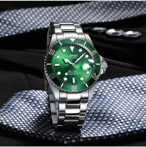 Vista 2 de LOREO Reloj automático de acero inoxidable plateado para hombre, con bisel giratorio, cristal de zafiro, negro