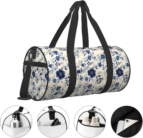 Vista 3 de Large Duffle Bag for Travel - Retro Blue Flower Print Gym Bag for Women Men, Travel Foldable Bags for Women Men with Zippered Multiple Pockets