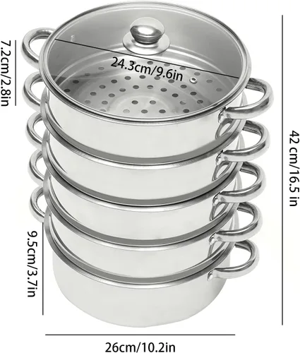 Vista 4 de Olla de vapor de 5 niveles de fondo grueso, 10.2 in/10.2 pulgadas, acero inoxidable de grado alimenticio, vaporizador de cocina para cocinar