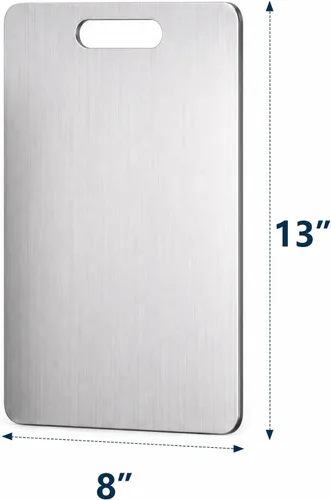 Vista 2 de Tabla de cortar de acero inoxidable, uso de doble cara, para cortar carne, frutas, verduras, apta para lavavajillas, tablas de cortar de 13 x 8