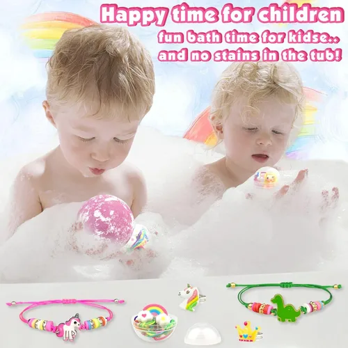 Vista 5 de Bombas de baño para niños con sorpresa en el interior, 6 bombas de baño grandes de burbujas orgánicas para niños con pulseras y anillos, juguetes
