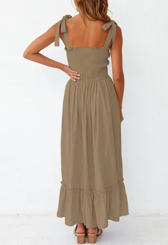Vista 5 de ZESICA vestido bohemio y liso de verano para mujer acampanado con tirantes delgados cuello cuadrado y volantes vestido largo para la playa