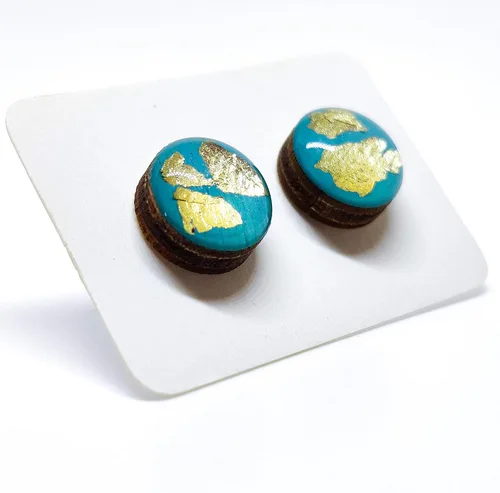 Vista 4 de Gold Flakes 10mm Stud Earrings, Handmade, Posts for Sensitive Ears (Turquoise with Gold Flakes)