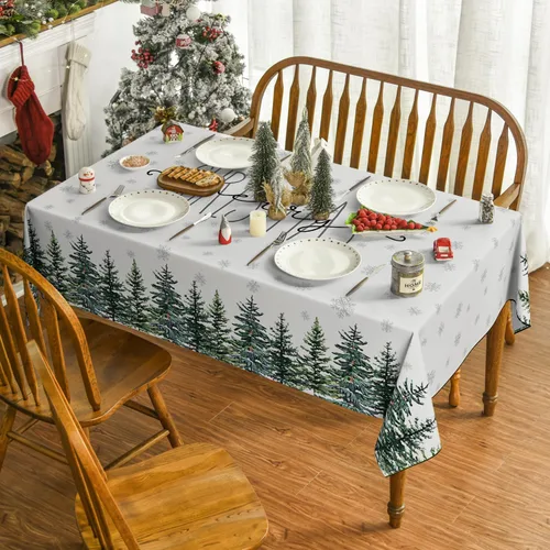 Vista 2 de Horaldaily Mantel de Navidad rectangular de 52 x 70 pulgadas, diseño de árboles de nieve de invierno, color blanco, lavable, para fiesta, picnic