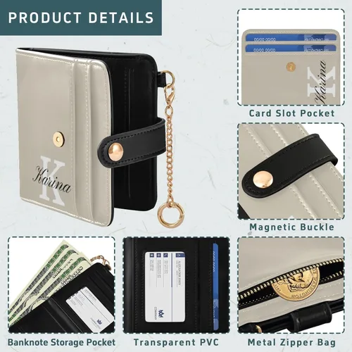 Vista 5 de Sinestour Custom Beige pattern Small Wallet for Women RFID Blocking Leather Bifold Small Purse with Card Holder Zipper Coin Pocket ID Window