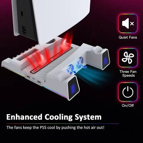 Vista 3 de NexiGo Soporte para PS5 con luz LED RGB ranura para disco duro auriculares y soportes remotos estación de carga de doble controlador para consola