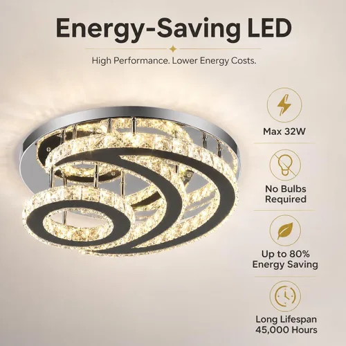 Vista 5 de Lámpara de techo LED moderna de 15.7 pulgadas, lámpara de araña de cristal de montaje empotrado, lámpara moderna con forma de luna redonda para sala