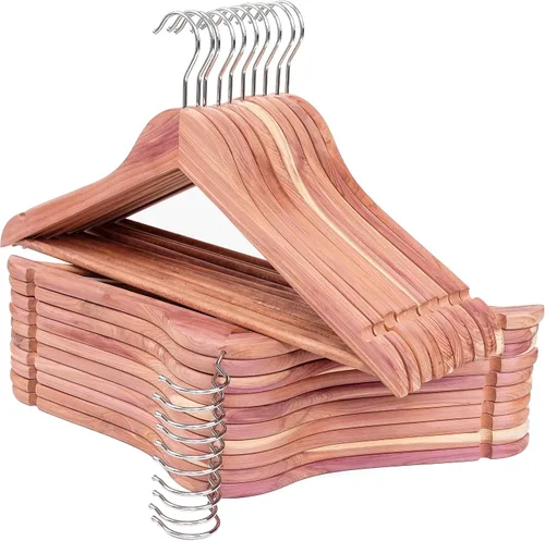 Vista 8 de Perchas de madera de cedro rojo americano, perchas de madera para vestidos, muescas de corte suave, gancho flexible de 360°, barra antideslizante