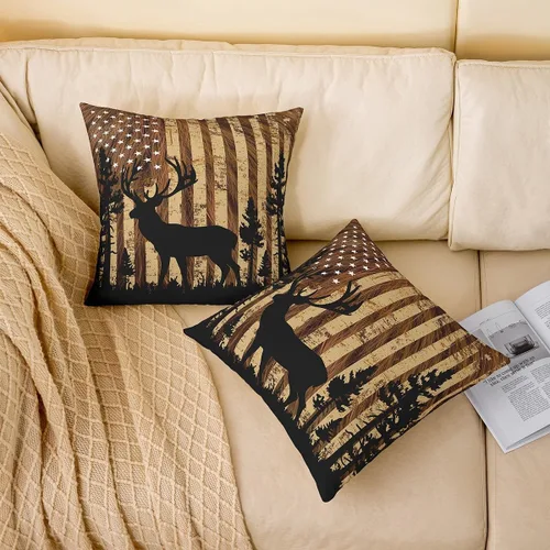 Vista 2 de Funda de almohada de piel de vaca, con bandera estadounidense, ciervos, cuernos de caza, para decoración del hogar, sala de estar, funda de cojín