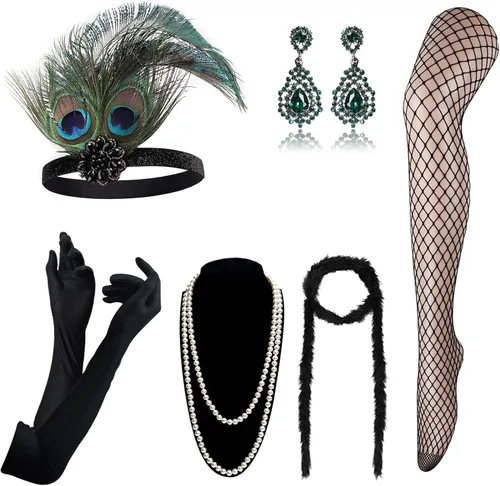 Vista 16 de DRESHOW - Juego de accesorios de El Gran Gatsby de los años 20 para mujer, diadema de flapper, tocado, guantes, disfraz, accesorios de las noches