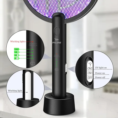 Vista 3 de Matamoscas eléctrico PALONE, 4000 V, doble modo, matamoscas mosquitos con base de carga tipo C, matamoscas de insectos con malla de seguridad de 3
