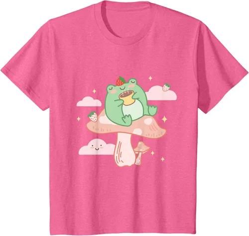 Vista 49 de Kawaii Strawberry Frog On Mushroom - Camiseta de manga corta de anime, Azul / Patchwork, S Azul Pastel