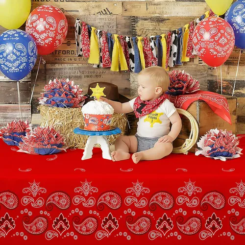 Vista 6 de PHOGARY Mantel de fiesta occidental de 2 piezas, bandana desechable con temática de vaquero, mantel de plástico con estampado de cachemira roja