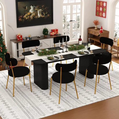 Vista 30 de Juego de mesa de comedor ovalada negra moderna de 70.9 pulgadas para 4, mesa de cocina rectangular estilo crema con sillas negras Boucle, juego