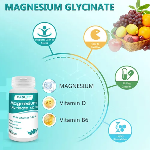 Vista 3 de CANLIST Suplementos de glicinato de magnesio de 450 mg para la salud ósea y muscular, apoya el sueño profundo, relajación muscular y alivio