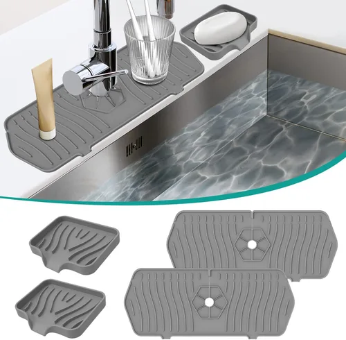 Vista 9 de Protector contra salpicaduras para fregadero de cocina y bandeja de jabón, tapete protector de silicona para grifo, soporte de esponja con boquilla