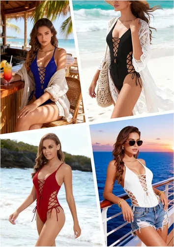 Vista 2 de Tempt Me - Traje de baño de una pieza para mujer, sexy con lazada, cuello en V profundo, corte alto