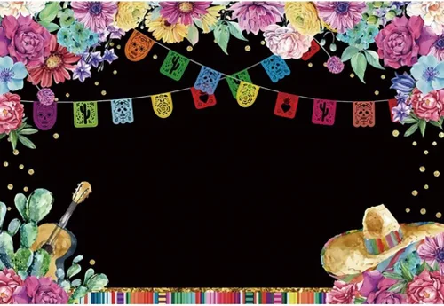 Vista 4 de Fondo de fiesta de poliéster de 5 x 3 pies para fotografía, cumpleaños mexicano, verano, fiesta en la piscina, fondo de flores para fiesta, Cinco