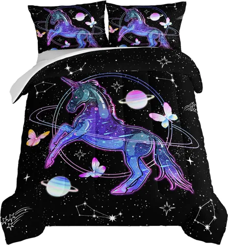 Vista 9 de Juego de edredón de mariposa HOSIMA con 2 fundas de almohada, edredón de galaxia con cielo estrellado lunar, decoración de habitación de mariposas