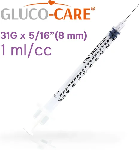 Vista 2 de GLUCO-CARE - Jeringas de 1ml/cc, 31G x 5/16’’ (8mm), con tapa naranja, caja de 50 piezas
