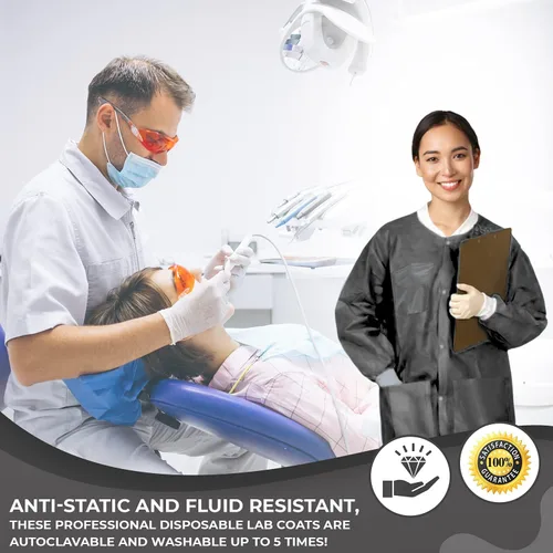 Vista 41 de Paquete de 10 chaquetas desechables de laboratorio, chaqueta médica reutilizable hasta la cadera, unisex, con puños de punto y bolsillos